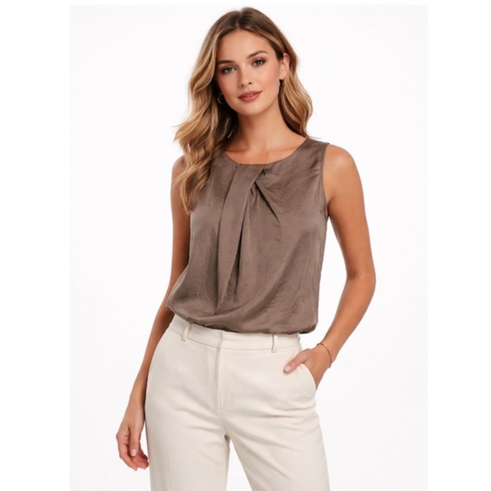 Loft Taupe Brown Twist Neck Sleeveless Blouse Top MP Preppy Chic Career 65-13